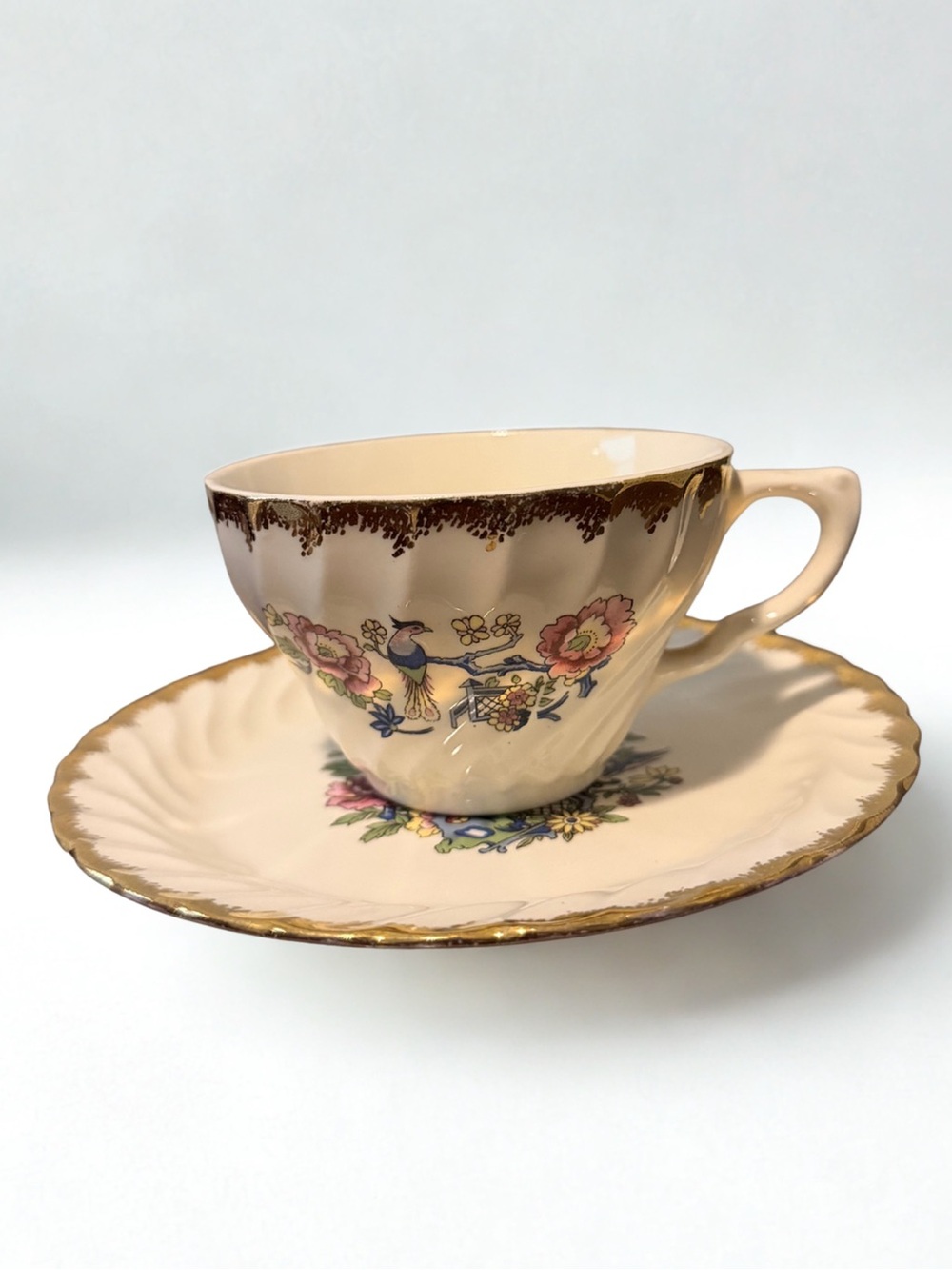 Vintage Floral Gold-Trim Porcelain Teacup and Saucer - Cream